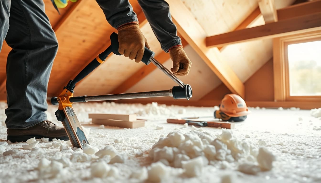 Efficient roof spray foam insulation removal by a professional in a well-lit attic.