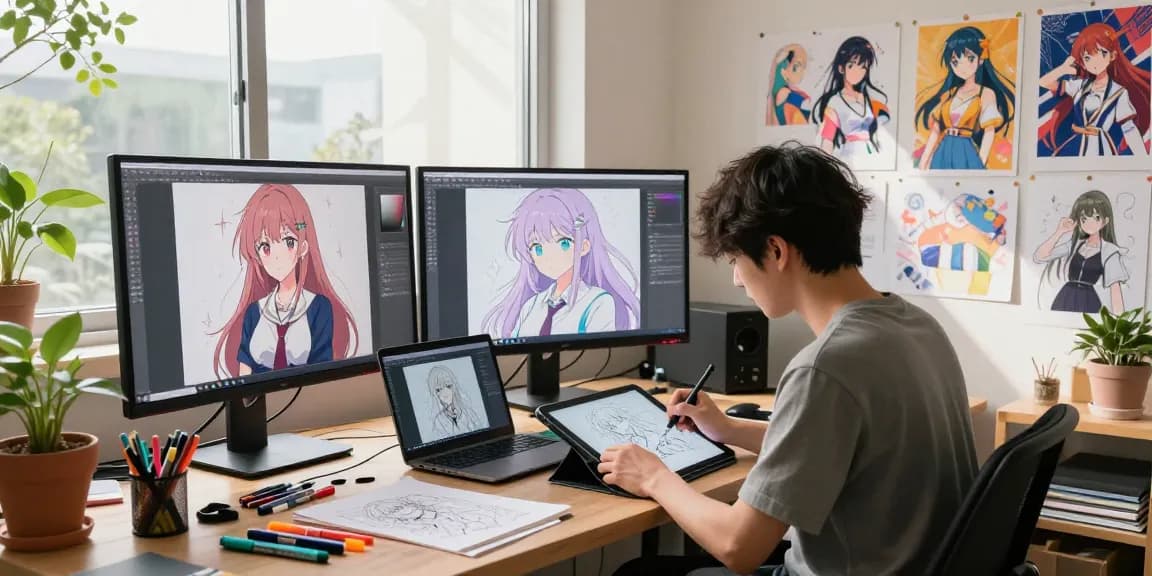 Artist creating stunning AI ecchi art in a vibrant studio filled with digital tools.