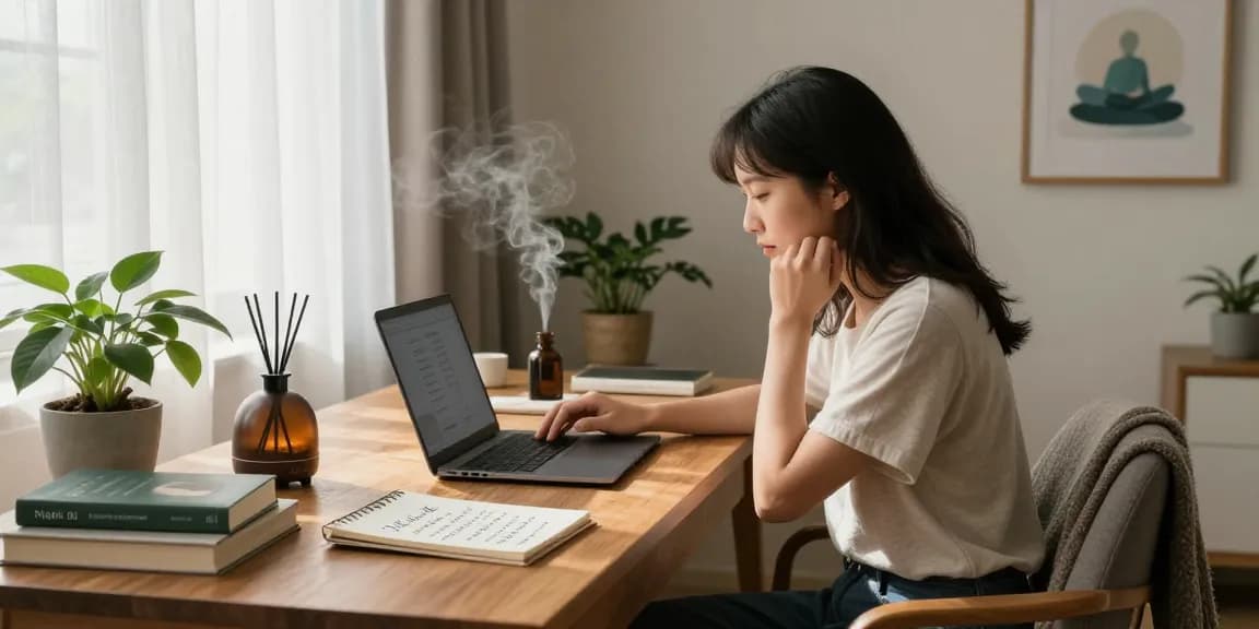 Exploring does adderall help with anxiety in a cozy wellness therapy setting, featuring a serene individual with laptop and books.