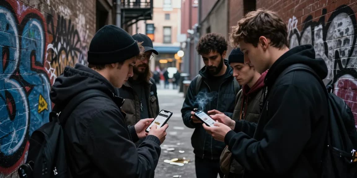 Group discussing how to buy brown heroin online in an urban alley, surrounded by graffiti.